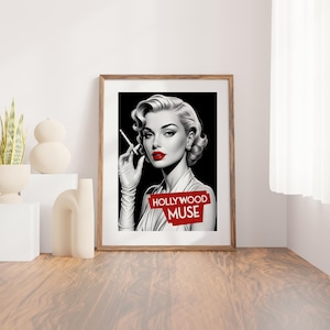 Hollywood Glamour Portrait Poster: Retro Red Lips, Vintage Muse (Digital Download)