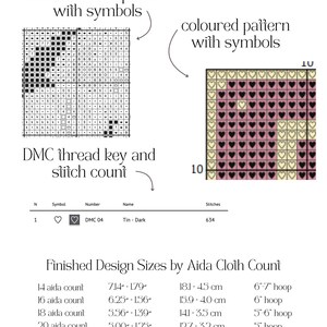 May include: PDF includes cross-stitch patterns with symbols, a DMC thread key, and stitch count. Finished design sizes are listed for various Aida cloth counts, ranging from 4.55 inches to 7.14 inches.