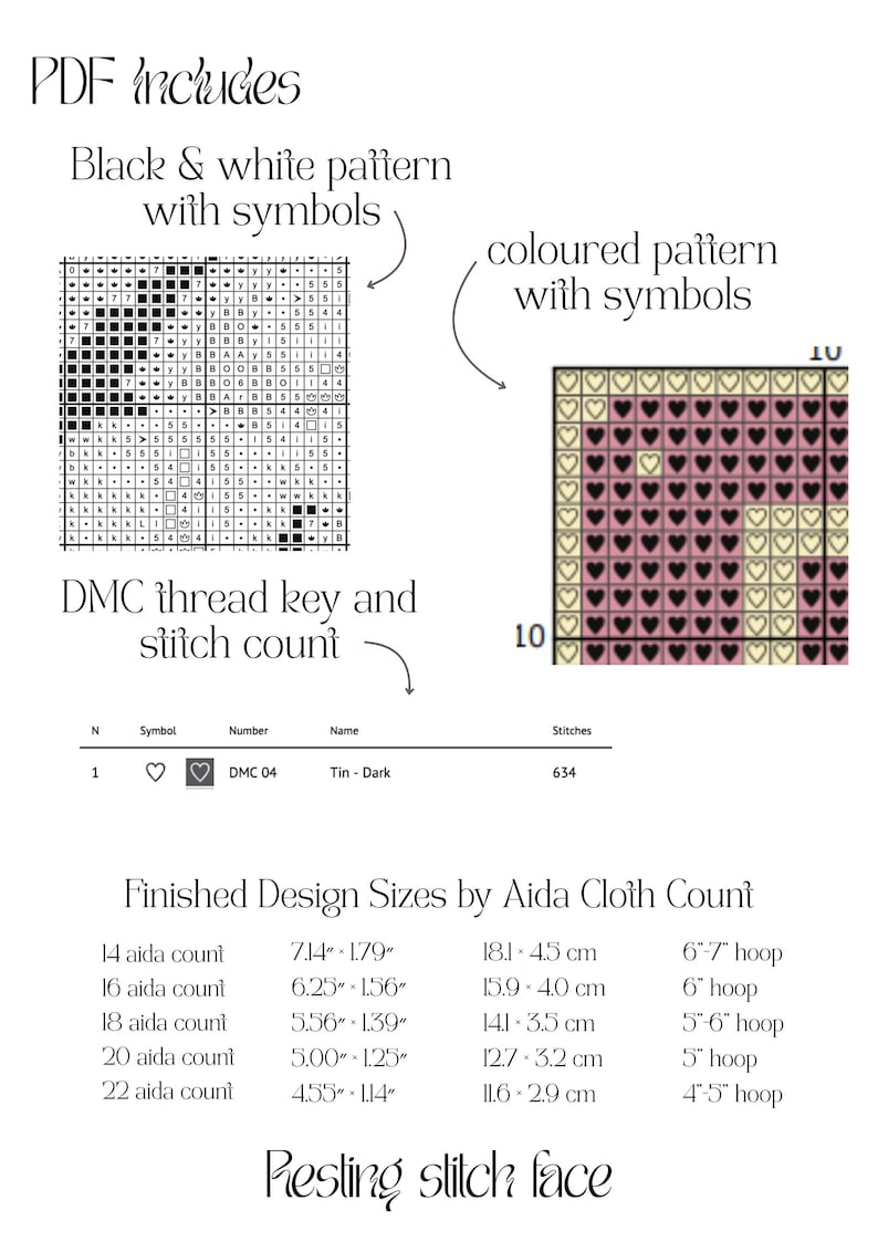 May include: PDF includes cross-stitch patterns with symbols, a DMC thread key, and stitch count. Finished design sizes are listed for various Aida cloth counts, ranging from 4.55 inches to 7.14 inches.