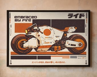 Póster de moto cohete futurista | Arte mural de motocicleta de ciencia ficción