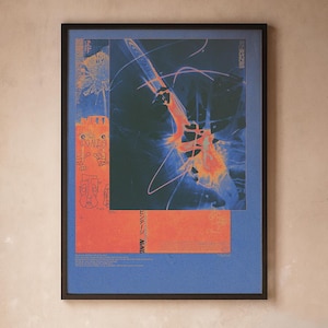 Op de afbeelding: Ingelijste kunstdruk met een blauwe achtergrond en abstract ontwerp in oranje en wit. Het kunstwerk bevat Japanse tekst en een zwart frame. De print heeft een moderne esthetiek.