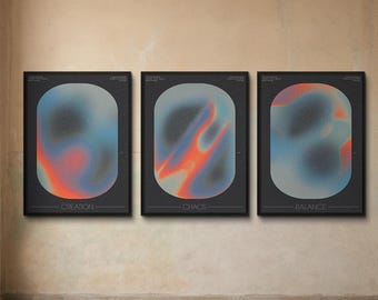 Conjunto de pósteres en tríptico | Arte mural de equilibrio, creación y caos | Decoración filosófica
