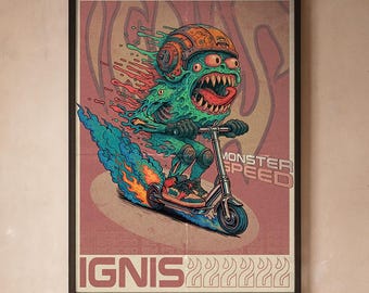Póster Speed Monster | Arte mural de skate | Decoración urbana de los 90