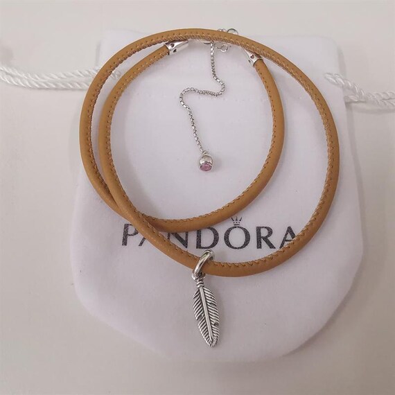 Pandora Tan Leather Feather Choker Necklace S925 Ale Israel
