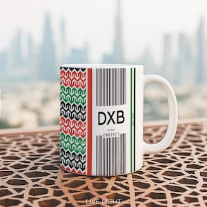 DXB Airport Mug – RunAway Collection – UAE Pattern & Barcode Travel Design – Dubai Aviation Coffee Cup – Minimalist UAE Gift – Mug 3