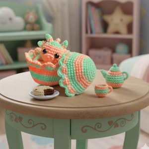 May include: A crocheted toy dragon in an orange and green striped eggshell, with a matching egg half. A miniature tea set and a small plate with a pastry are also on the table. The toys are on a small, round table with a light green base.