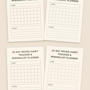 Può includere: Sono mostrati quattro tracker di abitudini minimalisti. Ogni tracker è un foglio rettangolare color crema con il testo "30-DAY MICRO-HABIT TRACKER & MINIMALIST PLANNER". Ogni foglio ha una sezione per "HABIT" e una griglia per il monitoraggio, più una sezione "NOTES".