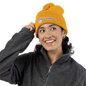 CurlyHead Pom-Pom Knit Cap, Cozy Winter Beanie, Fun Embroidered Hat, Gift for Him/Her, Cold Weather Accessory