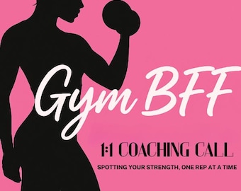 Op de afbeelding: Een roze achtergrond met een zwart silhouet van een persoon die een halter optilt. De tekst "Gym BFF" staat in witte letters, met extra tekst die 1:1 coaching calls promoot. De zin "Spotting Your Strength, One Rep at a Time" is ook opgenomen.