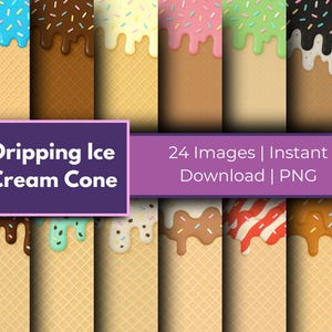 May include: A selection of ice cream cone images with different flavours, such as blue, brown, pink, green, and black, each with colourful sprinkles. The cones have a waffle texture. The image includes the text "Dripping Ice Cream Cone" and "24 Images | Instant Download | PNG".
