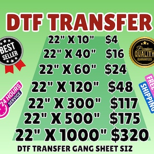 May include: A green gradient background with the text "DTF TRANSFER" in red and white. The image lists DTF transfer sizes from 22" x 10" to 22" x 1000". Includes "Best Seller" and "Premium Quality Guaranteed" badges.