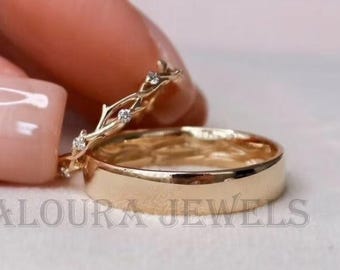 Anillo de boda de oro rosa de 14 quilates para hombre y mujer, con ramita de diamantes, ideal como regalo de compromiso.