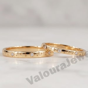 Moissanite Starburst Wedding Band Ring 14k Solid Gold Dainty Star Setting Anniversary Band Pave Celestial Ring Women Matching Band Gift