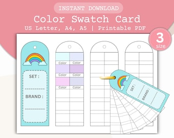 Printable Card Template PDF, Marker Watercolor Gouache Palette Tracker, Rainbow Art Supply Sheets