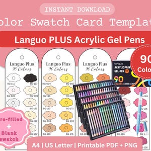 May include: A digital color swatch card template for Languo PLUS acrylic gel pens, featuring 90 color slots, a set of 90 pens in black trays, and a single blue pen. The text includes "Color Swatch Card Template," "90 Colors," and "Pre-filled + Blank swatch."