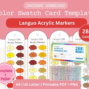 May include: A digital download graphic featuring a colour swatch card template for Languo acrylic markers. The design includes colour swatches, a marker set, and the text "288 Colours". The template is available in A4 and US Letter sizes.