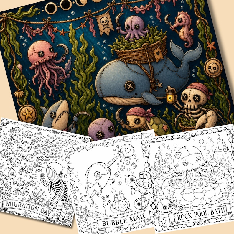 Op de afbeelding: Een grillige illustratie met een blauwe walvis met een mand, omringd door zeedieren zoals een kwal, een haai en een zeepaardje. Het kunstwerk heeft een gestikte, pluche uitstraling, tegen een donkerblauwe oceaanachtergrond met decoratieve elementen.