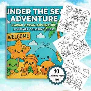 Kawaii Ocean Coloring Book for Kids, Cute Summer Sea Animal Activity, Underwater Theme, Digital Download, Fun Coloring Pages for Children