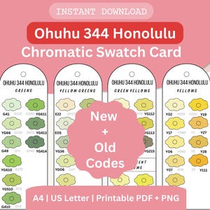 May include: A printable Ohuhu 344 Honolulu chromatic swatch card. The card features color swatches in greens, yellow greens, green yellows, and yellows. The text includes "Instant Download", "New + Old Codes", and "A4 | US Letter | Printable PDF + PNG".