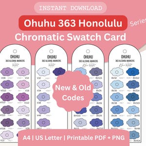 以下が含まれることがあります： Ohuhu 363 Honolulu アルコールマーカー用の色見本カード。紫と青の色見本が並び、「New & Old Codes」と「A4 | US Letter | Printable PDF + PNG」の文字が入っています。