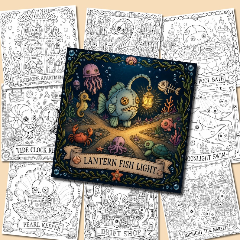 Spread of multiple coloring pages from Deep Little Things — including Anemone Apartment, Tide Clock Repair, Pearl Keeper, Drift Shop, Midnight Tide Market, and Moonlight Swim, with a colorful Lantern Fish Light illustration at center