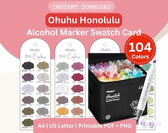 Ohuhu Honolulu 104 Colors Marker Swatch Card: Printable PDF Template, Pre-filled & Blank