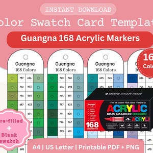 Guangna 168 Acrylic Marker Color Swatch Cards - Druckbare PDF & PNG, A4 und US Letter