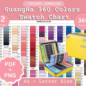 May include: A digital download product featuring a 360 Colors Swatch Chart by GuangNa. The image includes a yellow carrying case and a case open with colored pencils. The text includes "PDF + PNG" and "A4 + Letter Size".