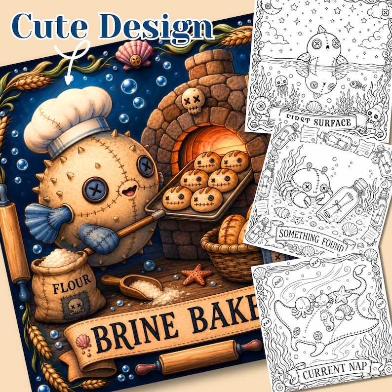 Cute design highlight showing a spiky pufferfish voodoo doll baker titled "Brine Baker" alongside three black-and-white coloring pages: First Surface, Something Found, and Current Nap