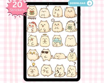May include: A digital sticker sheet featuring 20 fluffy cat illustrations, each depicting a different mood. The cats are in various poses, some holding gifts, wearing sunglasses, or with question marks. The text "Mood Tracker Cats" and "Digital Sticker" are displayed.