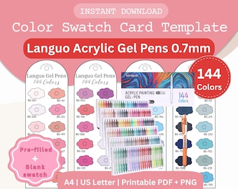 Color Swatch Card Template for Languo Gel Pens 144 Colors, Printable PDF and PNG
