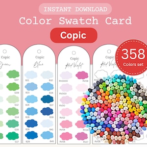 Könnte beinhalten: Farbmusterkarte mit dem Text "INSTANT DOWNLOAD Color Swatch Card Copic". Die Karte zeigt Farbmuster in Grün, Blau und Rotviolett sowie eine Sammlung von 358 Copic-Farben.