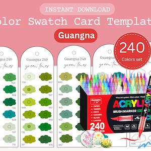 Op de afbeelding: Kleurstaalkaart sjabloon met de tekst "Direct downloaden" en "Guangna". De afbeelding toont kleurstalen, een doos met 240 acryl brush markers en de tekst "240 kleurenset".
