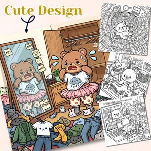 "Cute Design" showcase featuring a colored scene of a bear in a mismatched outfit crying in front of a mirror surrounded by clothes piled on the floor at 8:45am, alongside three black-and-white coloring page previews showing a spiral rabbit hole of internet videos, a work deadline scene, and a bear on a video call with a messy room hidden behind a virtual background.