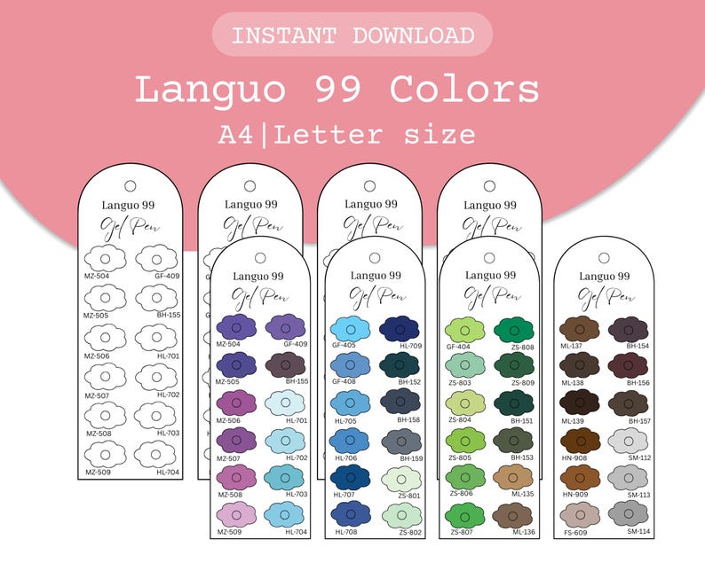 Languo 99 Gel Pen Swatch Card: 99 Colors Printable Tracker PDF and PNG ...