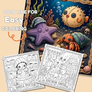 Bold line coloring pages preview showing a sleeping starfish and hermit crab voodoo doll characters alongside two sample black-and-white pages titled "Shell Potter" and "Anchor Smith"