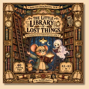May include: A coloring book titled The Little Library of Lost Things, featuring a mouse in glasses reading a glowing book, a small ghost, and a library background. The cover includes 40 coloring pages and measures 8.5 x 8.5 inches by JoyfulColorCo.