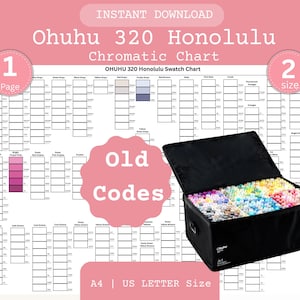 May include: A black carrying case filled with Ohuhu 320 Honolulu markers, next to a color chart. The chart is labeled "Chromatic Chart" and "Ohuhu 320 Honolulu Swatch Chart". The text "Old Codes" is also visible. The chart is A4 and US LETTER size.