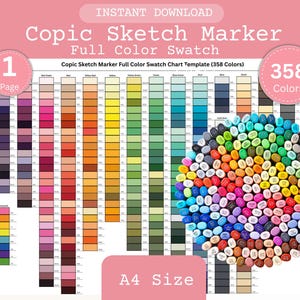 Op de afbeelding: Een full-color kleurenschema voor Copic Sketch Markers, met 358 kleuren. De kaart is een direct download en is A4-formaat. Een verzameling markers is in een cirkelvormig patroon gerangschikt, met de kleuren.