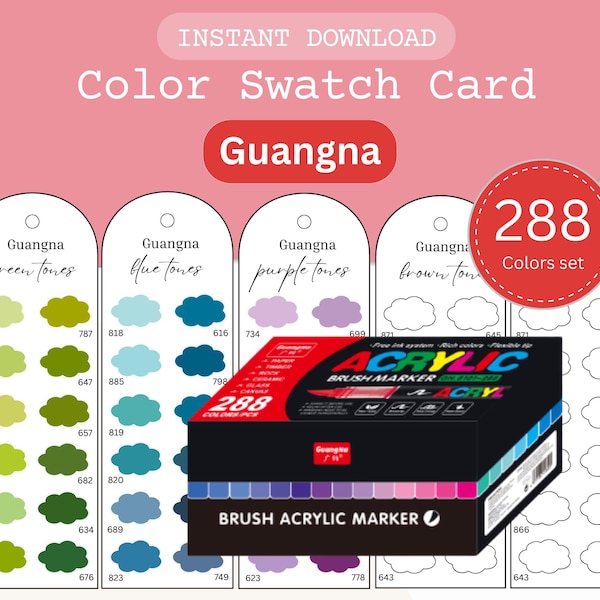 GuangNa 288 Marker Color Chart – Printable Swatch Cards for Acrylic Pens, A4 PDF