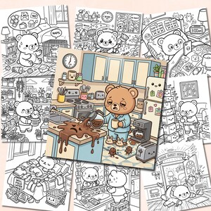 Collage of multiple black-and-white coloring pages spread across the frame with one colored preview in the center — a sleepy bear in pajamas spilling coffee all over the kitchen counter at 7am surrounded by tiny kawaii food characters. Pages shown include scenes of indoor plant obsession, "will fold later" laundry, noisy neighbors at 3am, online shopping package towers, and social energy meter running empty.