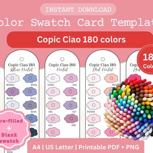 Op de afbeelding: Een digitale kleurstalenkaart sjabloon voor Copic Ciao markers, met 180 kleuren. Het ontwerp bevat kleurstalen, een kleurenwiel en de tekst "Copic Ciao 180 colors". Beschikbaar in A4- en US Letter-formaten.