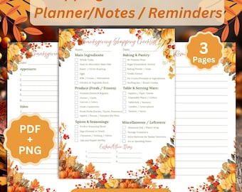 Bundel Thanksgiving-planner | Afdrukbaar herfstmenu, winkelchecklist en pdf-notities