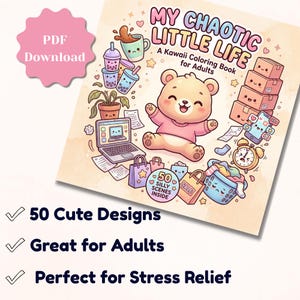 Product mockup of the coloring book cover shown at an angle on a cream background with a pink "PDF Download" stamp badge. Three feature callouts listed below: 50 Cute Designs, Great for Adults, Perfect for Stress Relief.