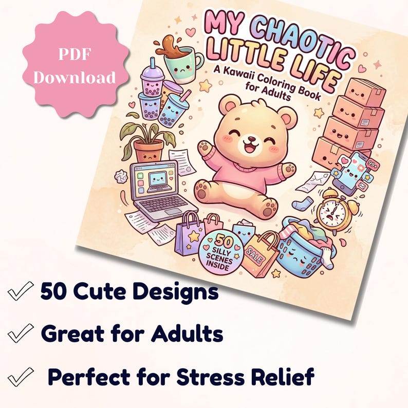 Product mockup of the coloring book cover shown at an angle on a cream background with a pink "PDF Download" stamp badge. Three feature callouts listed below: 50 Cute Designs, Great for Adults, Perfect for Stress Relief.