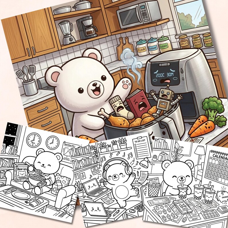 Colored kawaii preview of a white bear happily tossing everything into an air fryer in a cozy kitchen, with three black-and-white coloring page thumbnails below showing scenes of late-night snacking, multitasking chaos with headphones and to-do lists, and a bear overspending on boba with a loyalty card and receipts scattered everywhere.