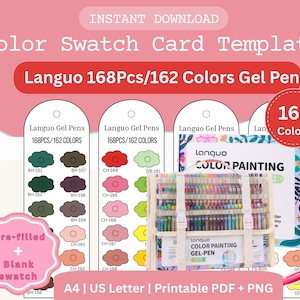 May include: A color swatch card template with the text "Color Swatch Card Template" and "Languo 168Pcs/162 Colors Gel Pen." The image includes a set of gel pens and color swatches. The template is available in A4 and US Letter sizes.