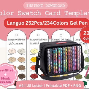 Puede incluir: Una plantilla de tarjeta de muestra de color con el texto "Color Swatch Card Template" y "Languo 252Pcs/234Colors Gel Pen." La imagen incluye una funda de transporte negra llena de bolígrafos de gel de colores, muestras de color y el texto "234 Colors."