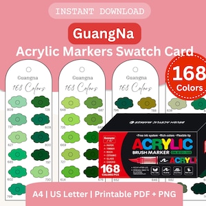 May include: A swatch card for GuangNa acrylic markers, displaying 168 colours. The design includes colour swatches, a marker box, and the text "Acrylic Markers Swatch Card." Available in A4 and US Letter sizes.