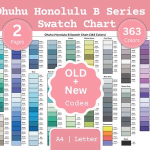 Op de afbeelding: Een kleurenpalet voor de Ohuhu Honolulu B-serie, met 363 kleuren. De kaart bevat kleurstalen in verschillende tinten, waaronder blauw, groen, geel en grijs. De tekst op de kaart luidt "Ohuhu Honolulu B Series Swatch Chart" en "363 Colors".